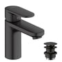 Hansgrohe Vernis Blend etgrebsbatteri i mat sort med 108mm tud og matchende push-open bundventil, isoleret på hvid baggrund.