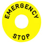 Schneider Electric nødstopskilt Ø60 mm i gul plast med sort tekst "EMERGENCY STOP" centreret på hvid baggrund.