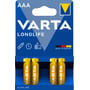 Varta Longlife AAA 4 Pack med fire gule batterier i blå emballage, hvor AAA står øverst.