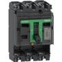 Schneider Electric ComPacT NSX160S maksafbryder, 3-polet grundenhed med grønt håndtag og tydelig 'I' og 'OFF' markering.