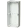 Fibox Euronord kasse 150x340x121 mm med transparent polycarbonat dæksel, viser indre monteringselementer og hvid bund.