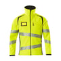 Mascot Hi-Vis softshell jakke i fluorescerende gul og sort med lynlås foran, brystlomme og skrå reflekser på ærmer og krop.