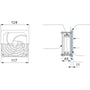 Teknisk tegning af Schneider Electric filter til gitter 124x124 mm, viser dimensioner og monteringsdetaljer.