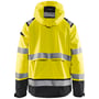 Bagfra af Blåkläder Workwear HIGH-VIS skaljakke i gul og sort, med refleksbånd på ærmer, skuldre og ryg samt forlænget ryg.