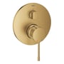 Grohe Essence etgrebsbatteri i messing børstet med 158mm diameter, vist med drejeknap og greb til temperatur og flow.