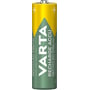 Varta Recharge Accu Recycled AA batteri i grøn og gul farve med teksten Varta, 2100mAh og 1.2V.