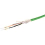 Siemens Simatic net PCF standardkabel med grøn kappe afskallet for at vise orange, grå og sorte ledere samt skærmlag og den indre orange kerne.