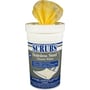 Scrubs Stainless Steel Cleaner Wipes spand med en gul serviet, designet til rengøring af metaloverflader.