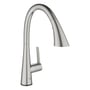GROHE Zedra Touch 2019 etgrebsbatteri i børstet stål med 233mm svanehals tud og integreret greb, vist isoleret på hvid baggrund.