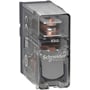 Detaljebillede af Schneider Electric Harmony RXG stikbensrelæ, der viser 230V AC spænding, 10A kontakt og symboler på huset.