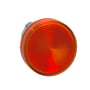Schneider Electric orange lampehoved Ø22 mm med tydelig riflet linse til LED-lys, vist på hvid baggrund.