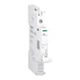 Hvid Schneider Electric ACTI9 iOF 1OC modulær kontakt, vist fra siden med mærkning og testknap.
