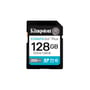 Kingston Canvas Go Plus Gen4 SDXC-kort på 128 GB set lige forfra med tydelige V30-, U3- og 200 MB/s-markeringer.