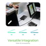 ICY Box IB-201T-CU31 med drev er tilsluttet en computer på et skrivebord; grafikken viser også forskellige bærbare computere.