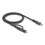 Nærbillede af Delock 2-i-1 USB-C til USB-C/Lightning kabel, viser detaljer på stik og kabelstruktur.