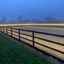 LEDlife Type Q ridebane LED-strip ses monteret langs træhegnet, mens lyset falder ind over ridebanens underlag.