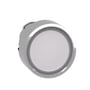 Front view af Schneider Electric Harmony Style 4 trykknap, hvid betjeningsflade omkranset af krom, 22mm diameter.