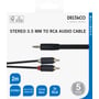 Emballagen til Deltaco audiokabel viser det sorte kabel med 3,5 mm-stik, to RCA-stik og ikoner for stereolyd.