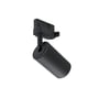 SpectrumLED GU10-skinnespot i sort, set bagfra med skinneadapteren og spotten drejet nedad.