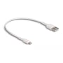 Bøjet Delock USB til Lightning ladekabel, 30 cm, viser det kompakte design med hvide stik og kabel.