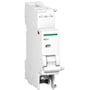 Schneider Electric underspændingsspole MNs 220-240VAC i hvidt plast med grøn markering, monteret på DIN-skinne.
