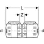 Teknisk tegning af Geberit FlowFit kobling i sort PPSU med dimensioner 'L', 'Z' og 'd' vist på en hvid baggrund.