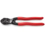 Knipex CoBolt miniboltsaks 7101 med 200 mm lange, røde, dyppede greb og præcisionsskær på hvid baggrund.