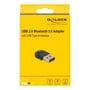 Gul emballage til Delock USB 2.0 Bluetooth 5.0 miniadapter med produktillustration og USB Type-A-stik.