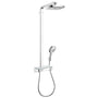 Hansgrohe Raindance Select E 300 2jet bruserør i krom med firkantet hovedbruser og håndbruser, samt termostat og hylde.
