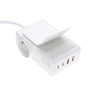 Nærbillede af 4smarts USB-C/A Power Strip Desk 65W med klæbepude, der viser tilslutningsportene og den hvide farve.