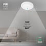 Grafik viser V-TAC LED-sensorlampens PIR-sensor og detektionsområde i et rum med en sofa.