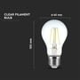 V-TAC A60 LED-pære med klar glas og E27 fatning, med dimensioner angivet som 105 mm højde og 60 mm diameter.