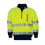 Bagside af Kansas EN471 Hi Vis sweatshirt i gul og marineblå, str. XL, med synlige refleksstriber på kroppen og ærmerne.