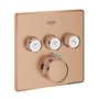 Grohe Grohtherm SmartControl termostatbatteri i kobberfarvet metal med fire betjeningsknapper og temperaturvisning.