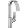 Hansgrohe Vivenis håndvaskarmatur i krom med 139 mm fremspring og vandfaldslignende udløb på hvid baggrund.