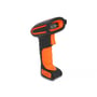 DeLock 1D/2D barcode scanner set fra siden med orange og sorte detaljer, viser ergonomisk design og modelnummer.