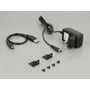 Tilbehør til DeLOCK HDMI audio extractor: USB-strømkabel, strømforsyning og monteringsbeslag i sort.