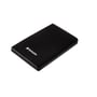 En skrå visning af den sorte Verbatim Store 'n' Go Slim Portable SSD med logoet tydeligt synligt på hvid baggrund.