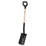 Solid spade med afrundet sort blad, træskaft og D-formet sort greb, ideel til havearbejde og graveopgaver.