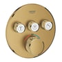 Grohe Grohtherm SmartControl termostatbatteri med børstet messingfinish, diameter 158mm, og tre trykknapper til regulering.