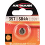 Nærbillede af Ansmann 357 ur batteri i blisterpakke, viser batteriets positive pol med fine mønstre og mærker.