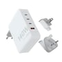 Xtorm 140W GaN-Ultra rejseoplader i hvid, vist med forskellige udskiftelige stik og USB-C porte.