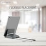 4smarts VoltDock-ladestationen ses bagfra med en tablet og USB-C-kabel; grafikken angiver kabellængden.