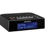 Skrå visning af Sangean DCR-89+ DAB+/FM-RDS clockradio i sort, der viser frontpanelet med display og knapper.