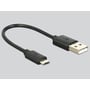 Sort USB-kabel med USB-A- og micro-USB-stik, vist som strømtilslutning til Delock HDMI-lydudtrækkeren.