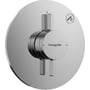 Hansgrohe DuoTurn brusearmatur med rund, kromfarvet roset og to metalgreb for temperatur og volumen. Enkel betjening og stilrent design.