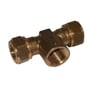 Vinklet view af Conex komp tee T-stykke i messing, viser 12 mm kompression på siderne og 1/2" indvendigt gevind.