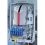 CommScope BUDI-S-T-A fiberfordeler med FIST UMS og patchpanel, åbent og set lige forfra med tilsluttede kabler.