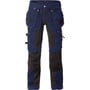 Kansas GenY håndværkerbukser i marineblå og sort, str. C46, set forfra med detaljeret visning af multifunktionslommer, lynlåsdetaljer og kontrastfarvede sømme.