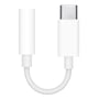 Detaljeret billede af Apples hvide USB-C til 3,5 mm jack-adapter, viser stikkene og den korte hvide kabelstruktur.